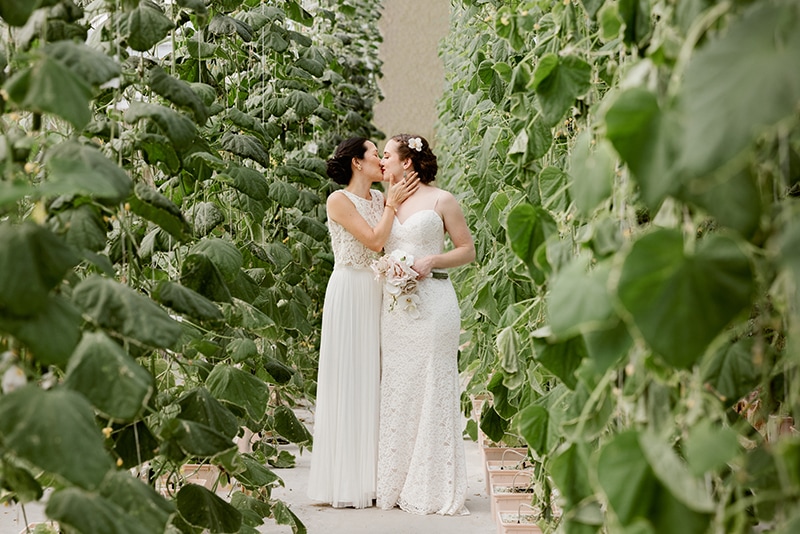 Wedding Photography and Elopement Photography, two brides standing together kissing among long vines