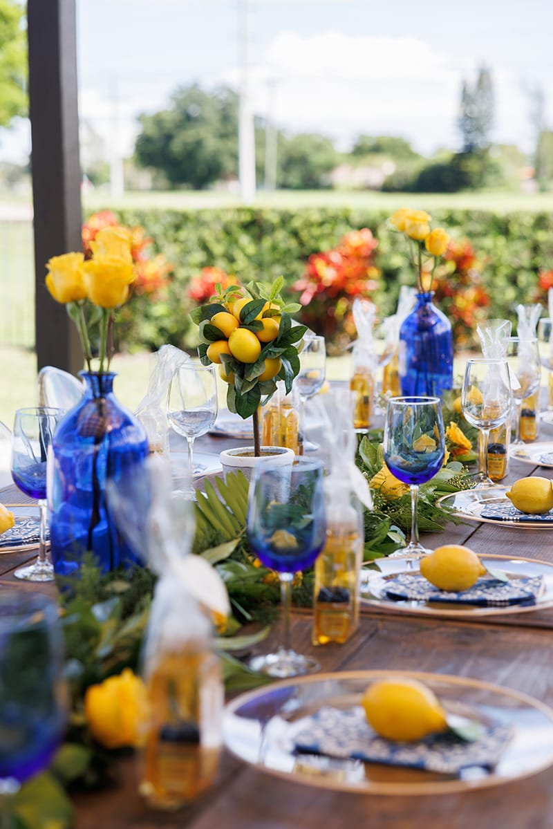 lemon blue flower vase table setting