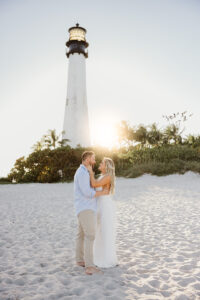 lighthouse, sunset, couple, engagement, sand, white dress