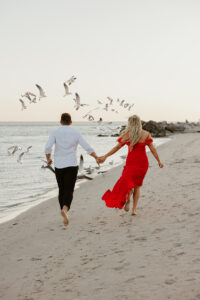 couple, beach, birds, running, sunset