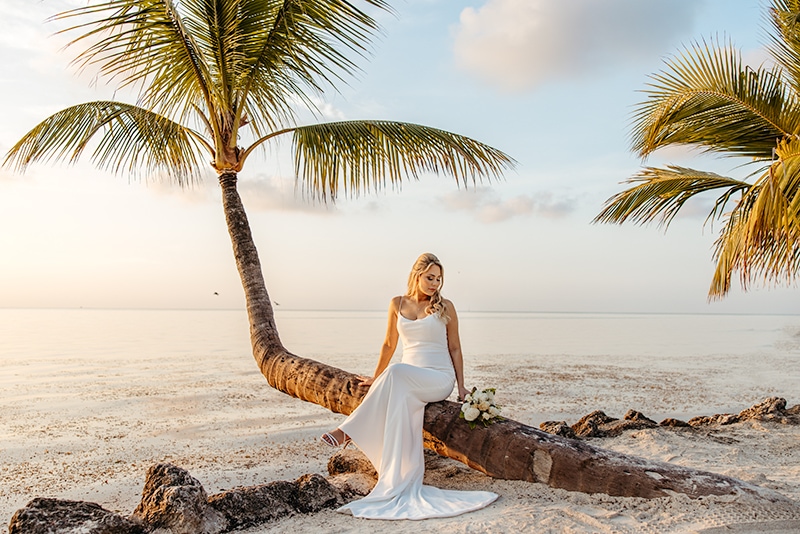 bride, white dress, sunrise, beach, sitting on palm tree
