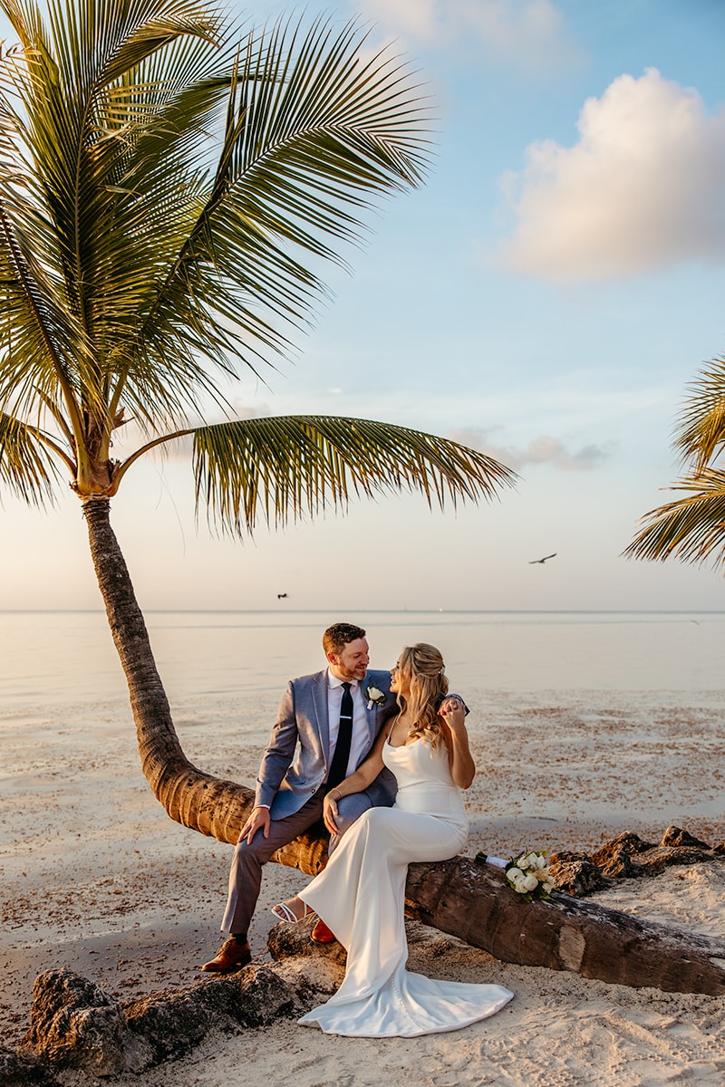 bride, white dress, groom, blue suit, sunrise, beach, sitting on palm tree