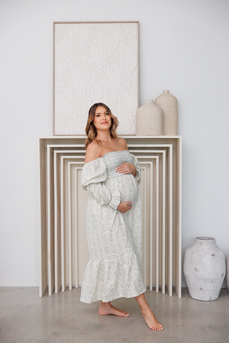 pregnancy, motherhood, photography, natural light studio, blue maternity dress