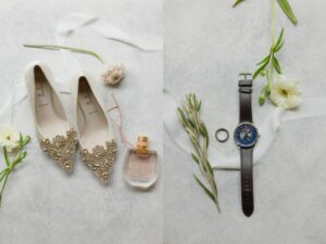 bridal shoes, perfume, grooms watch, flatlay wedding details, wedding photography