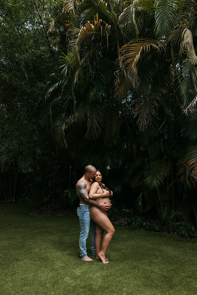 maternity, palm trees, couple, nude
