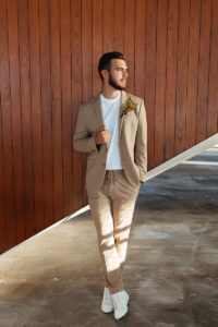 groom, brown suit, portrait, 1111 lincoln road, wedding