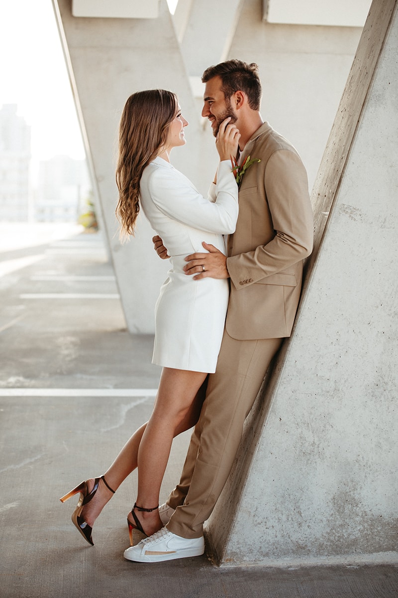 bride and groom, newlyweds, 1111 lincoln road, portraits, blazer dress, brown suit