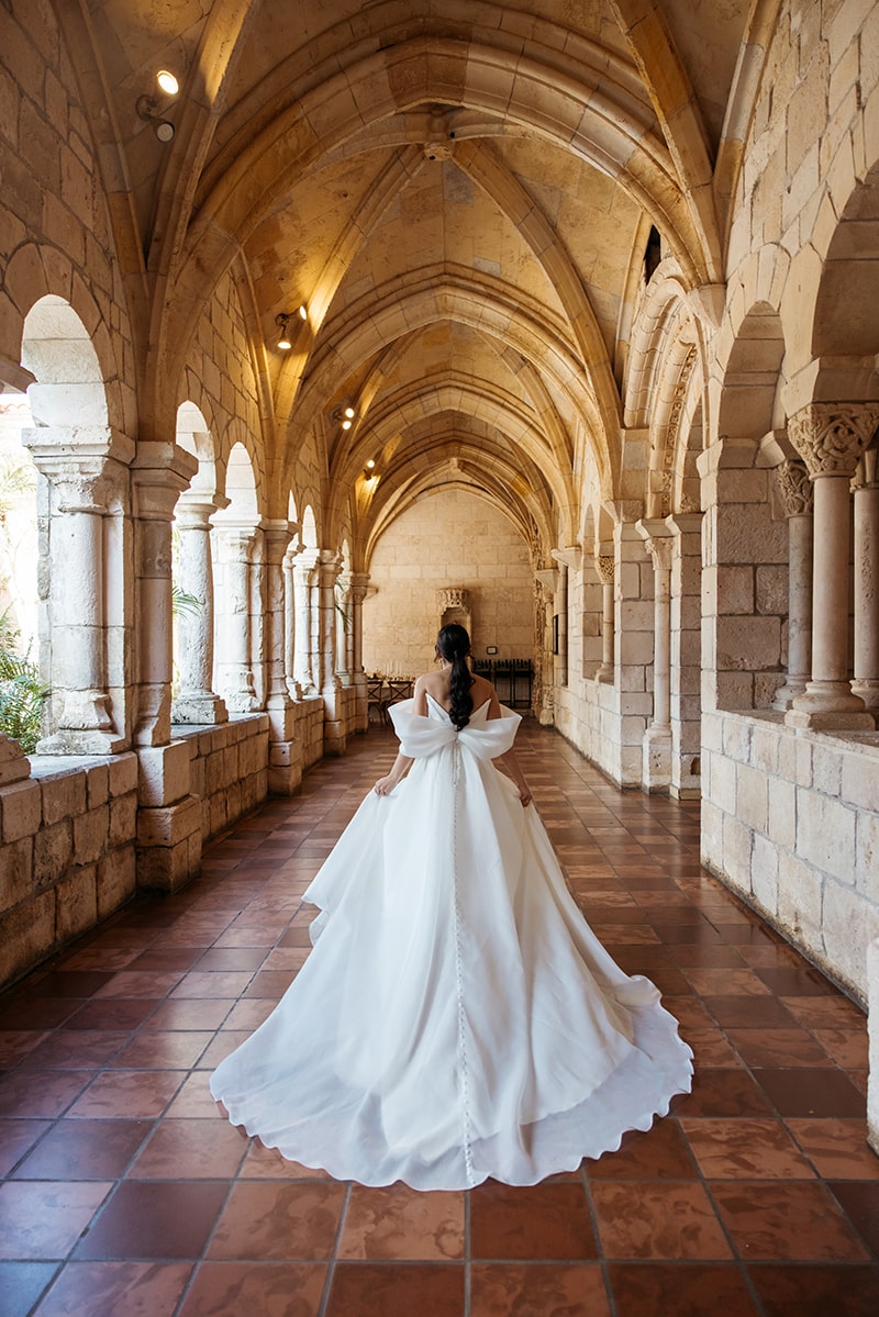 bride, wedding dress, ancient spanish monastery